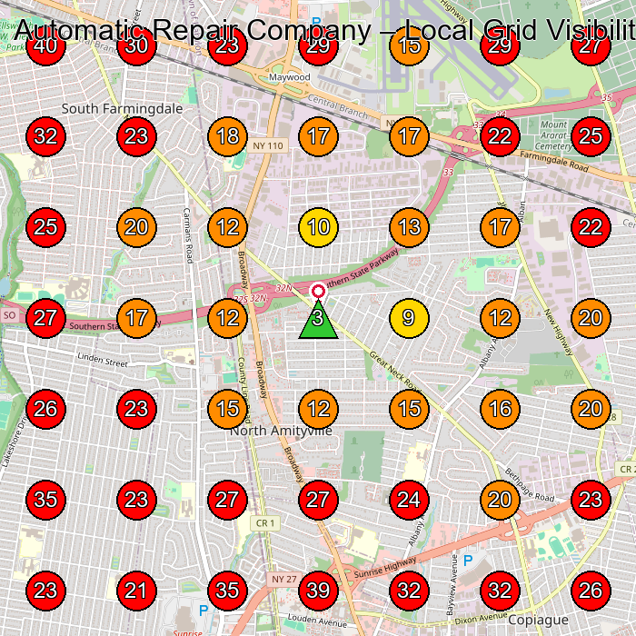 Automatic Repair Company GeoGrid visibility map for Industrial Equipment Supplier in Farmingdale
